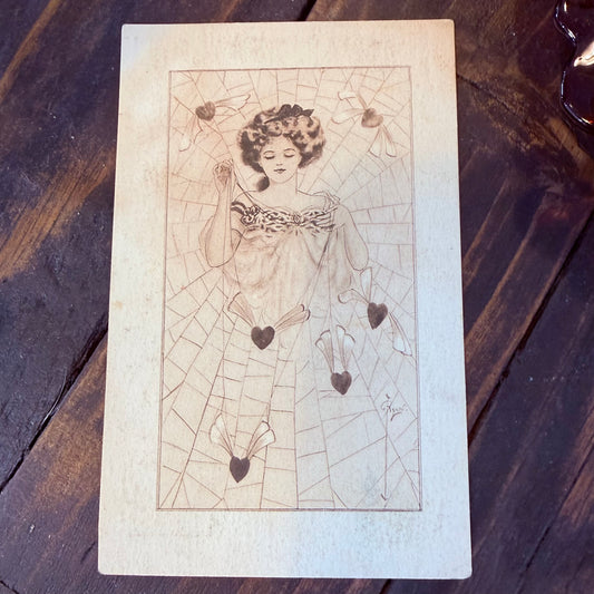 Antique 1910 Art Nouveau Spiderweb Hearts Woman Postcard