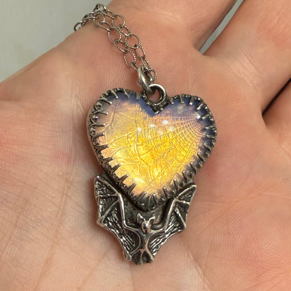 Opaline Spiderweb Heart Bat Handmade Sterling Necklace