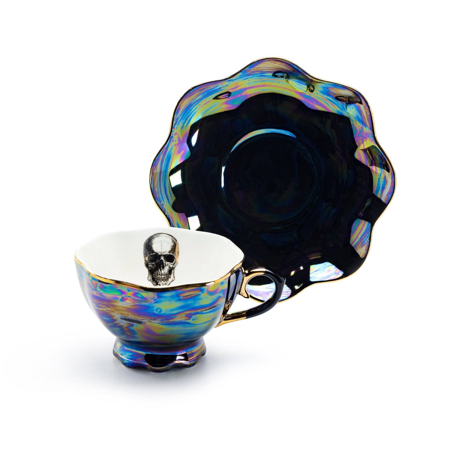 Skull Black Gold Luster Tea Cup and Saucer