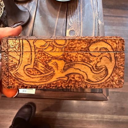 Antique Art Nouveau Woman & Grapes Pyrography Hinged Wooden Box