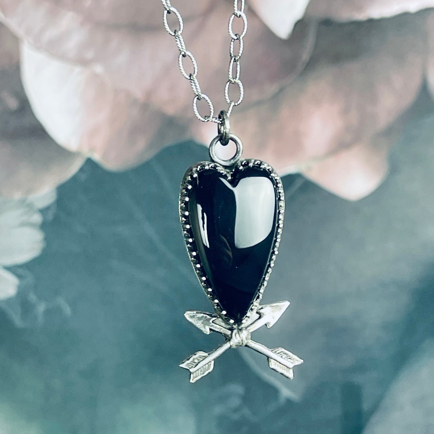 Gothic Victorian Handmade Crossed Arrow Onyx Heart Sterling Necklace