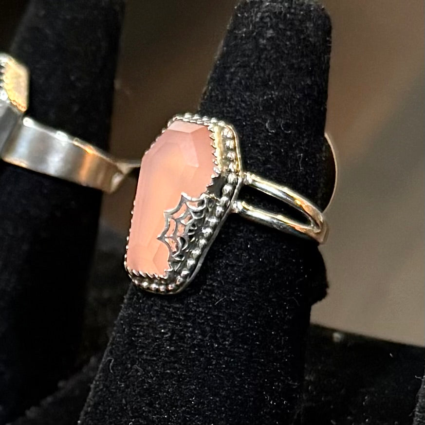 Sterling Spiderweb Rose Quartz Coffin Ring Handmade