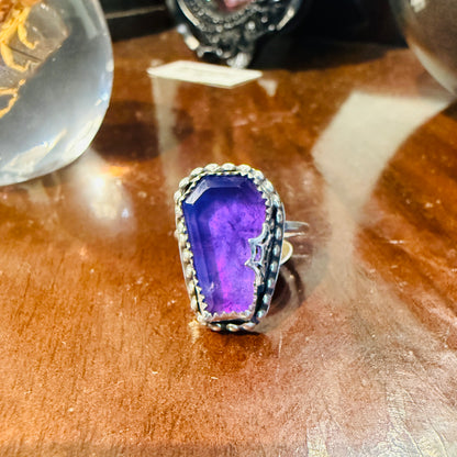 Sterling Spiderweb Amethyst Coffin Ring Handmade size 6