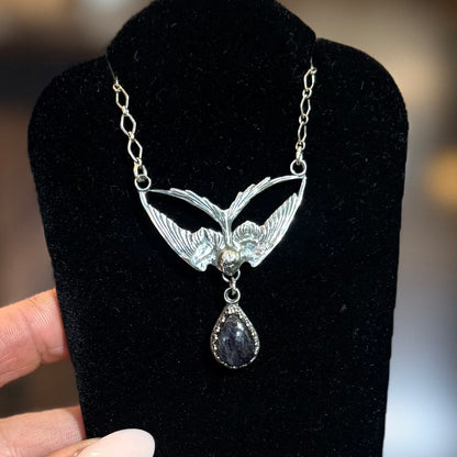 Sterling Victorian Swallow Iolite Drop Necklace