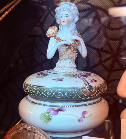 Antique Porcelain Victorian Woman Trinket Powder Box