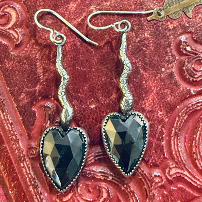 Handcrafted Sterling Snake Hematite Heart Earrings