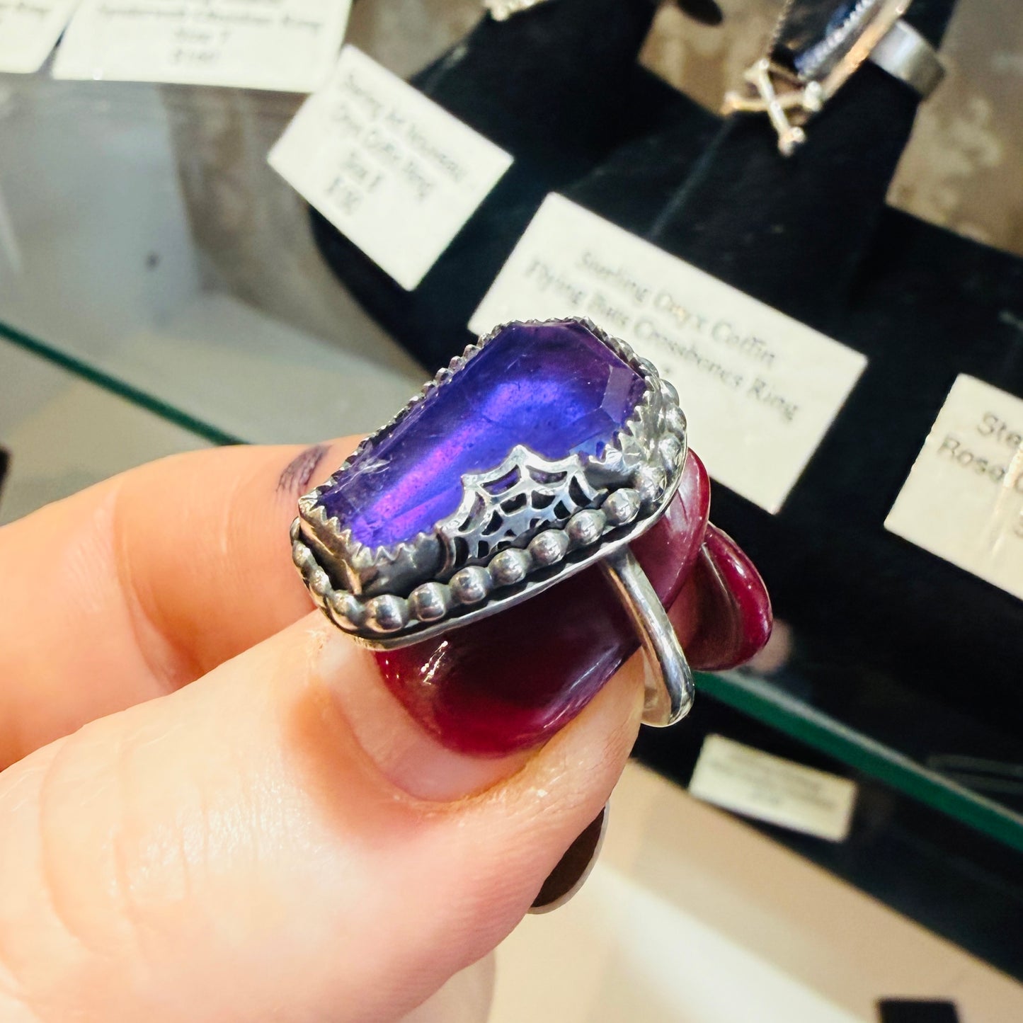 Sterling Spiderweb Amethyst Coffin Ring Handmade size 6