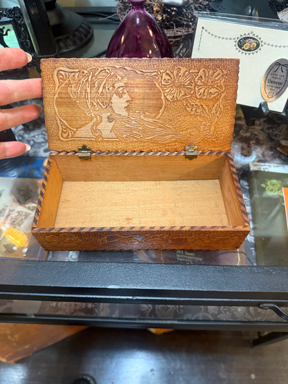 Antique Art Nouveau Woman & Flowers Pyrography Hinged Wooden Box