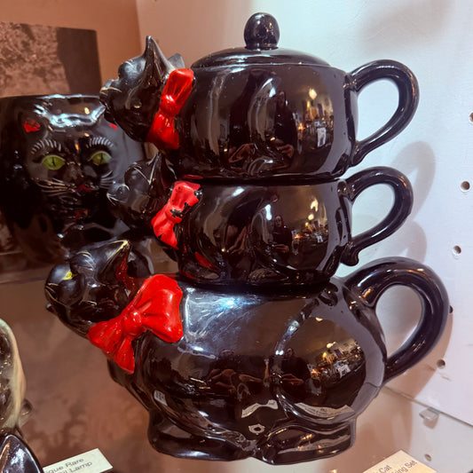 Antique Black Cat Stacking Teapot Set