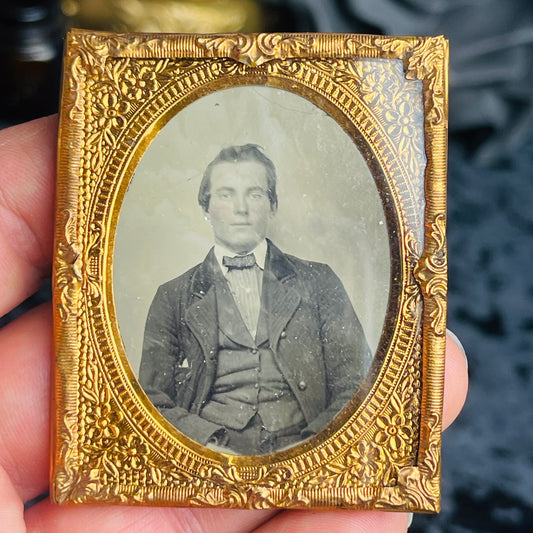 Antique Tintype Man In Original Copper Filigree Frame