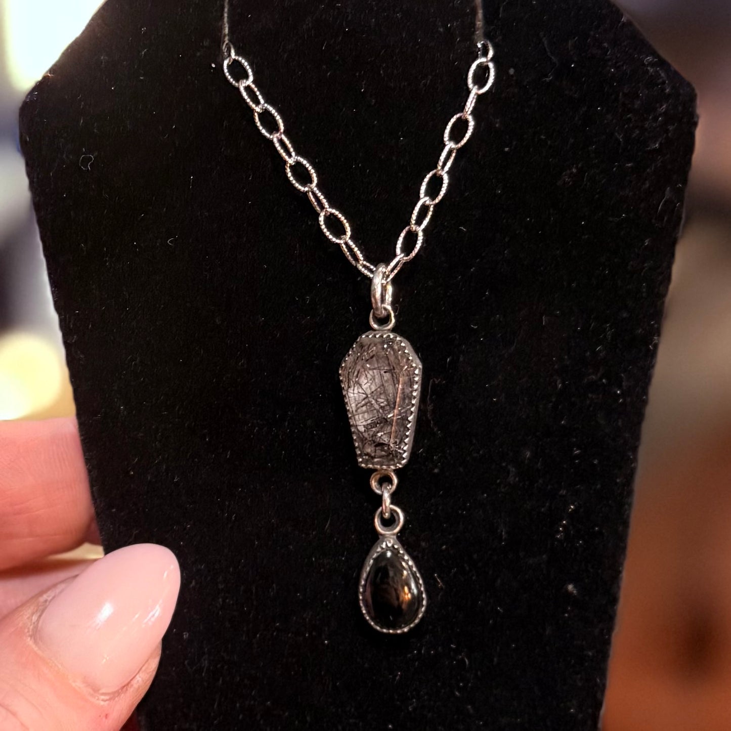 Sterling Tourmalated Quartz Coffin Onyx Drop Necklace