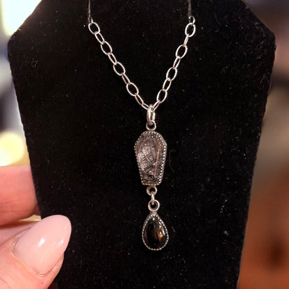 Sterling Tourmalated Quartz Coffin Onyx Drop Necklace