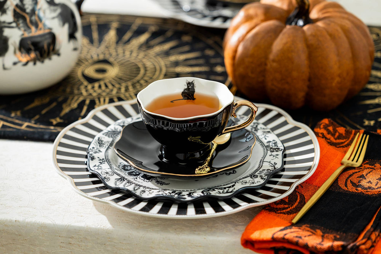 Black Cat Black Gold Tea Cup and Saucer