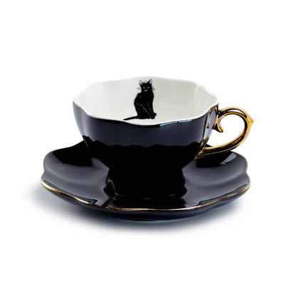 Black Cat Black Gold Tea Cup and Saucer