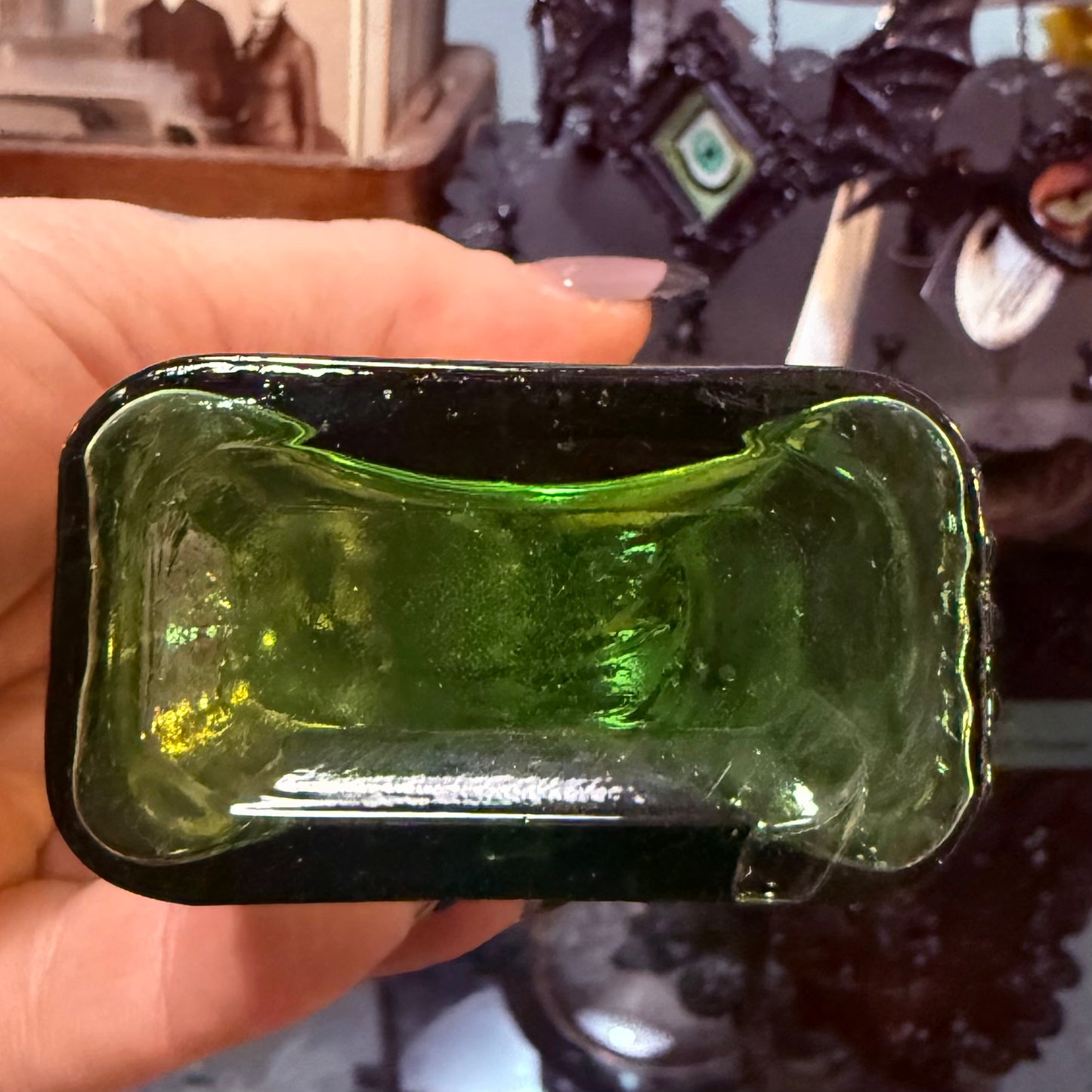 Antique Emerald Green Poison Bottle Rectangular 6”