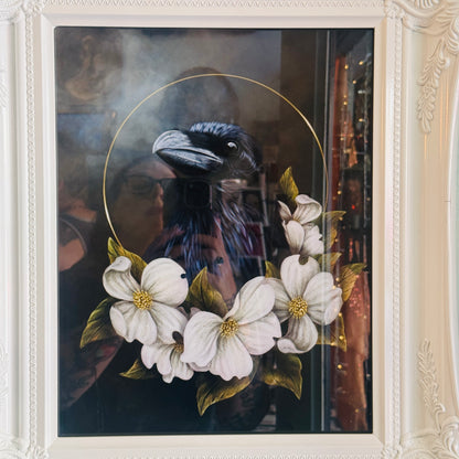 Bird Hag { Raven & Dogwoods } Fine Art Print White Victorian Style Framed 11” x 14”