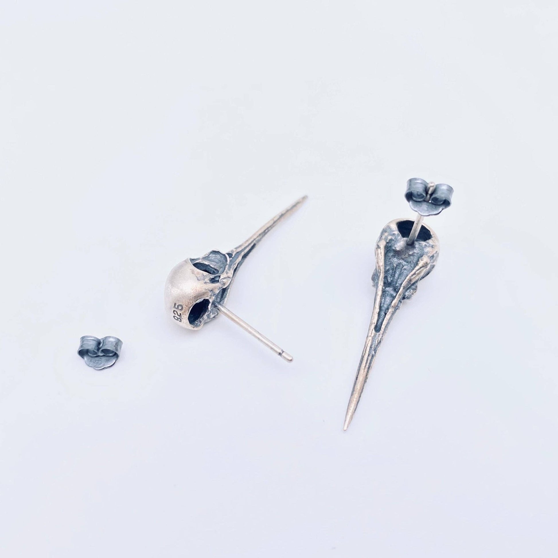 925 Sterling Silver Vintage Hummingbird Skull Ear Studs - GT - Loved To Death