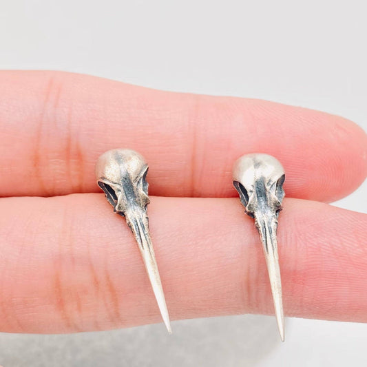 925 Sterling Silver Vintage Hummingbird Skull Ear Studs - GT - Loved To Death