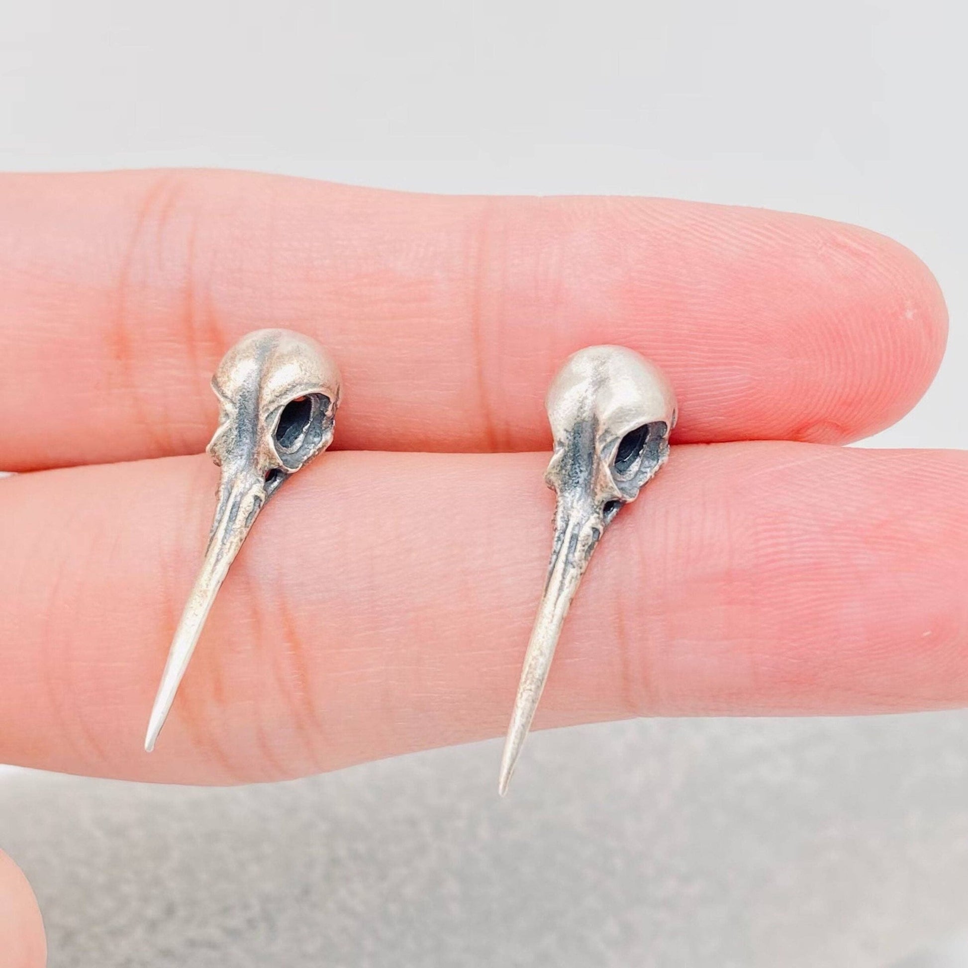 925 Sterling Silver Vintage Hummingbird Skull Ear Studs - GT - Loved To Death