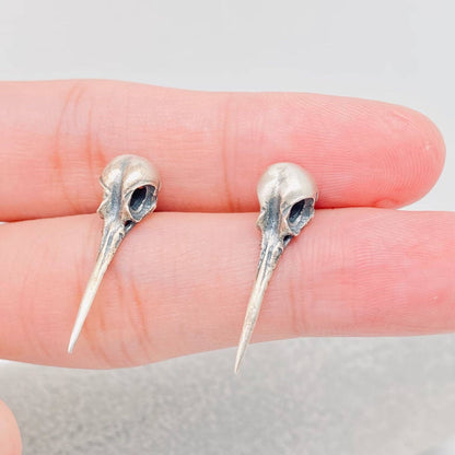 925 Sterling Silver Vintage Hummingbird Skull Ear Studs - GT - Loved To Death