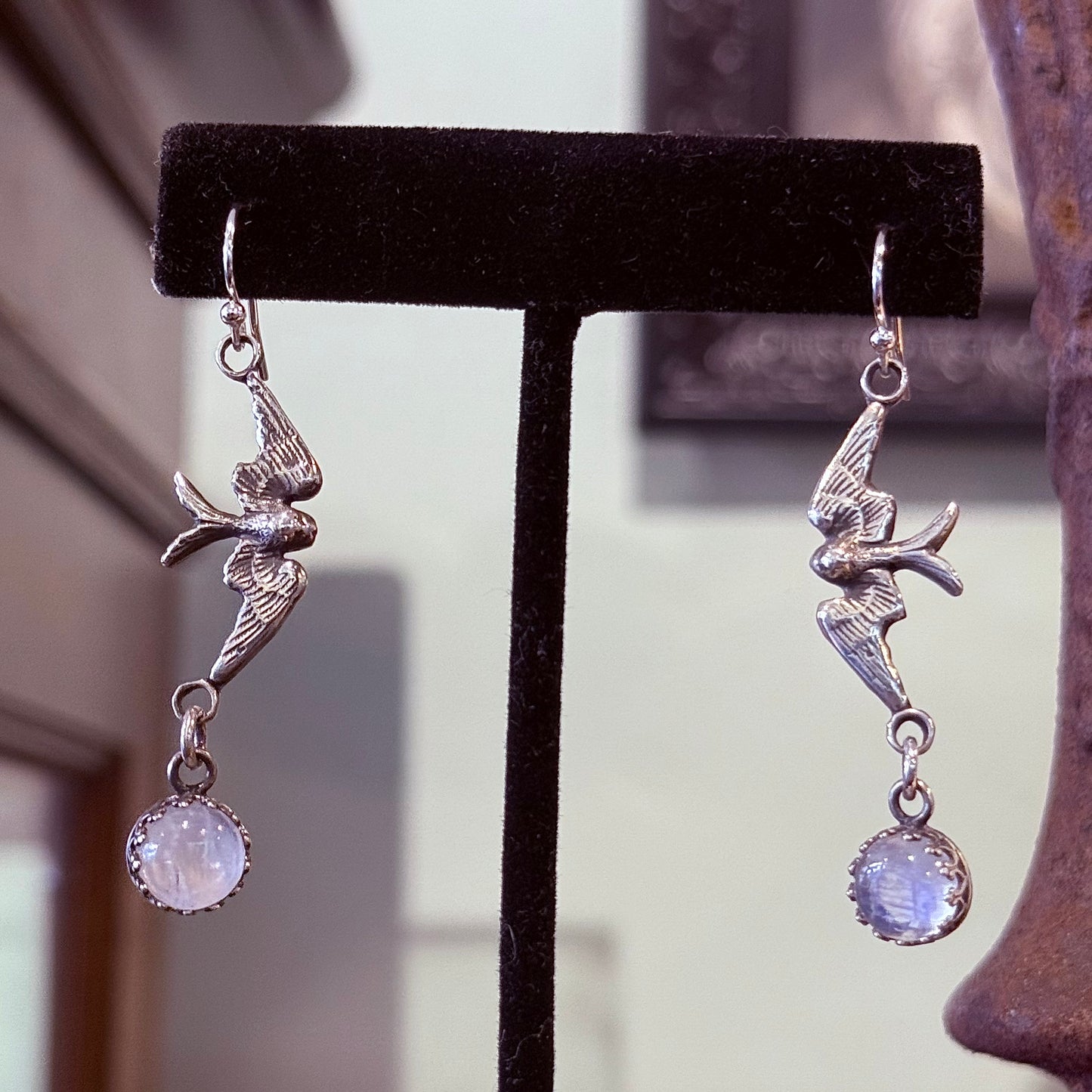Sterling Victorian Swallow Stone Drop Earrings