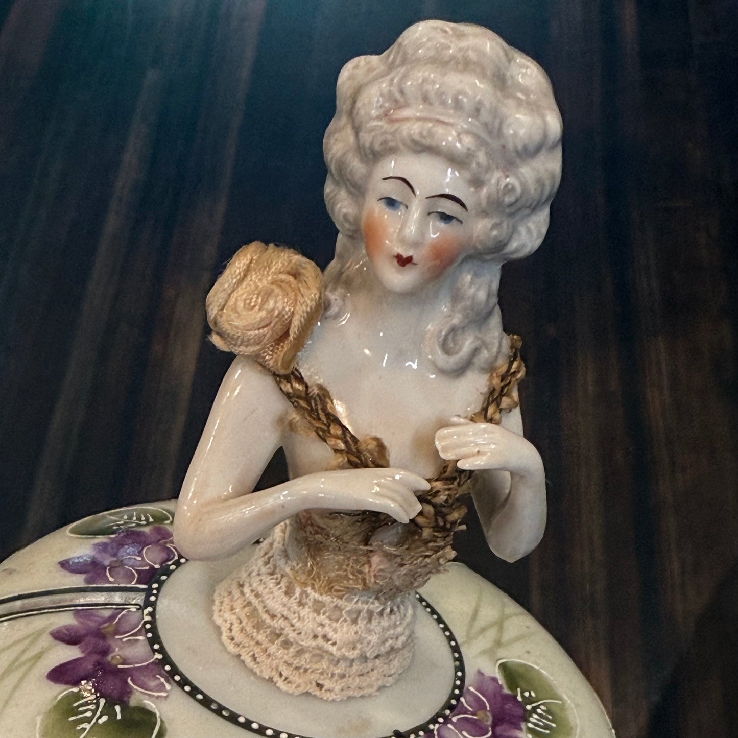 Antique Porcelain Victorian Woman Trinket Powder Box