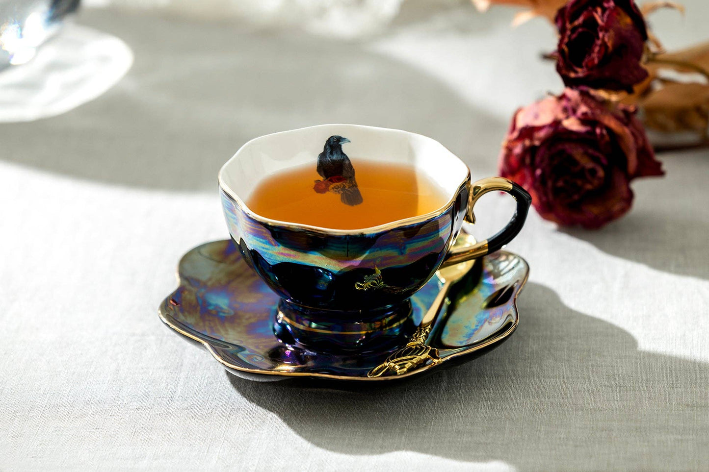 Crow with Red Roses Black Gold Luster Tea Cup and Saucer