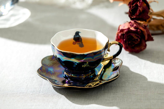Crow with Red Roses Black Gold Luster Tea Cup and Saucer
