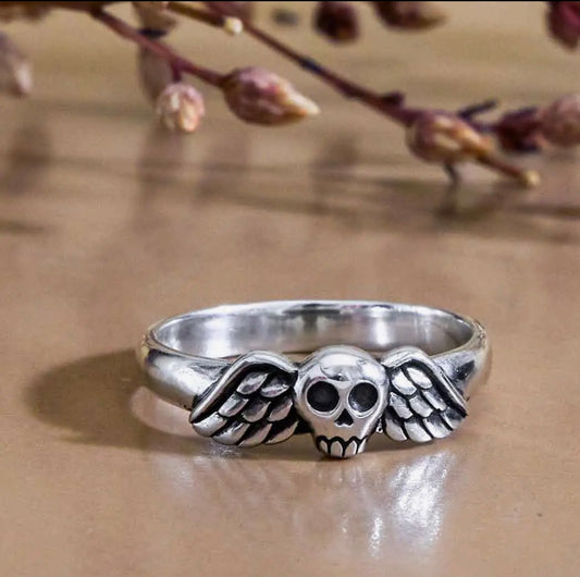 Sterling Silver Memento Mori Winged Skull Ring
