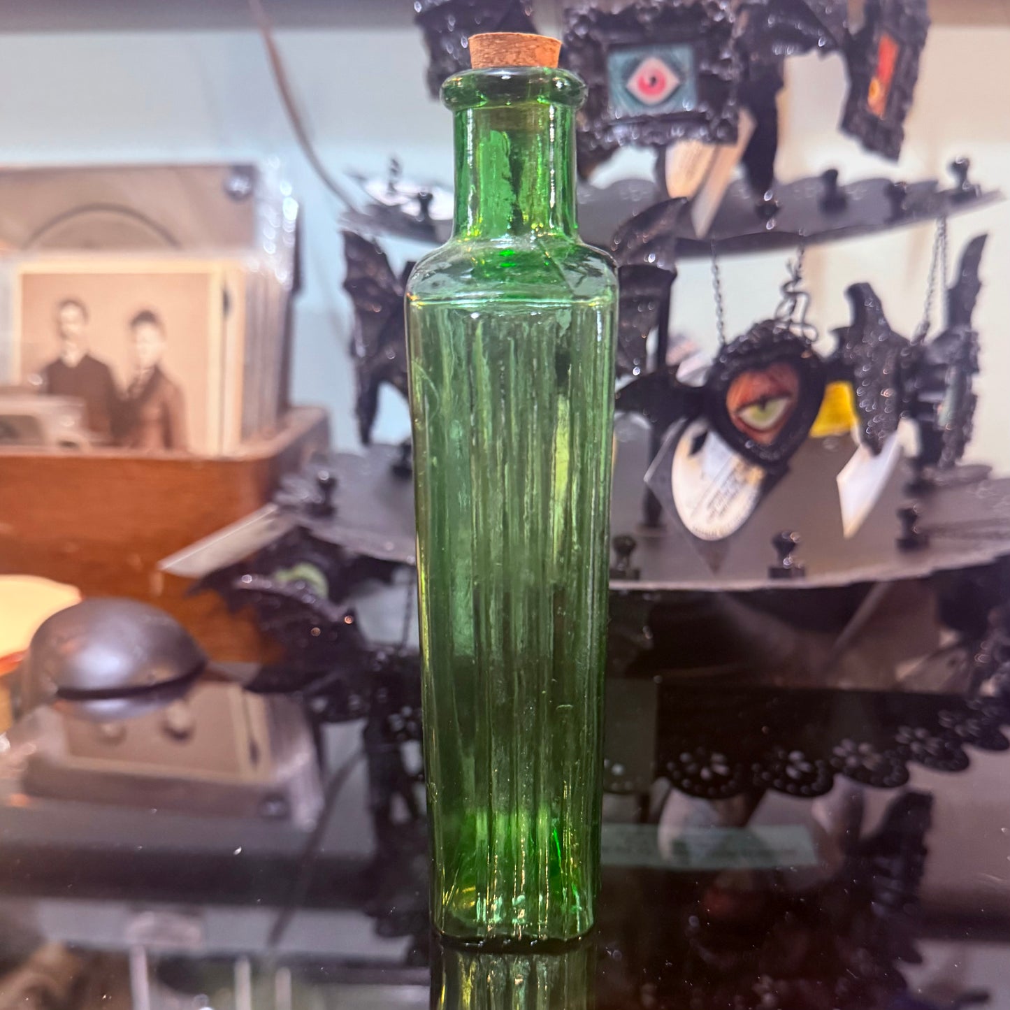 Antique Emerald Green Poison Bottle Rectangular 6”