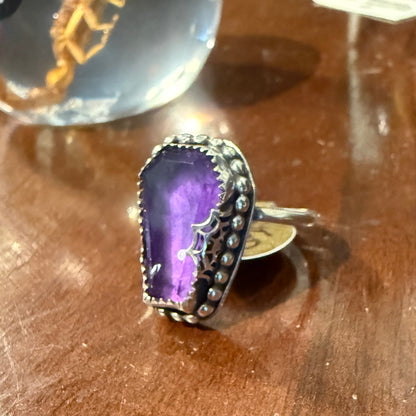 Sterling Spiderweb Amethyst Coffin Ring Handmade size 6