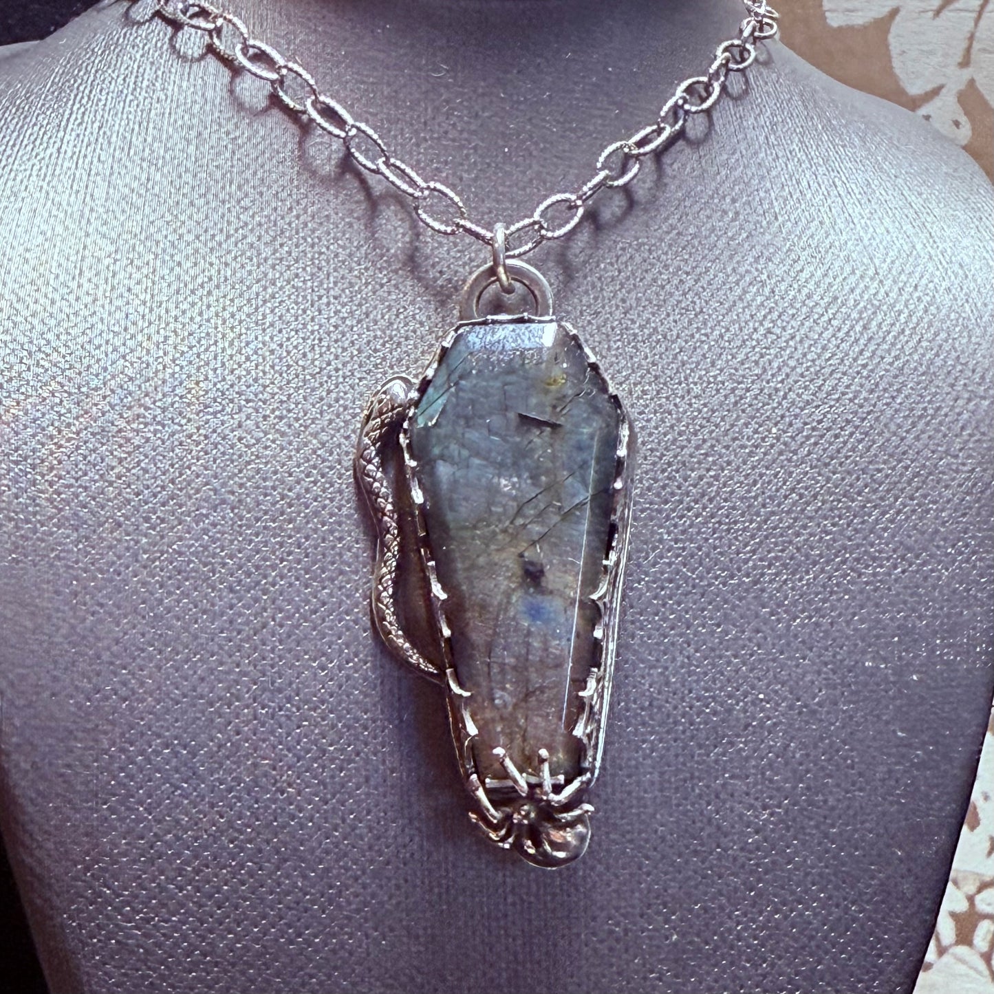 Sterling Silver Serpent and Spider Labradorite Coffin  Necklace Gothic Victorian Handmade