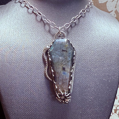 Sterling Silver Serpent and Spider Labradorite Coffin  Necklace Gothic Victorian Handmade