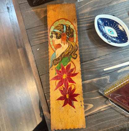 Antique Art Nouveau Woman & Red Flowers Hand Painted Pyrography Hinged Wooden Box