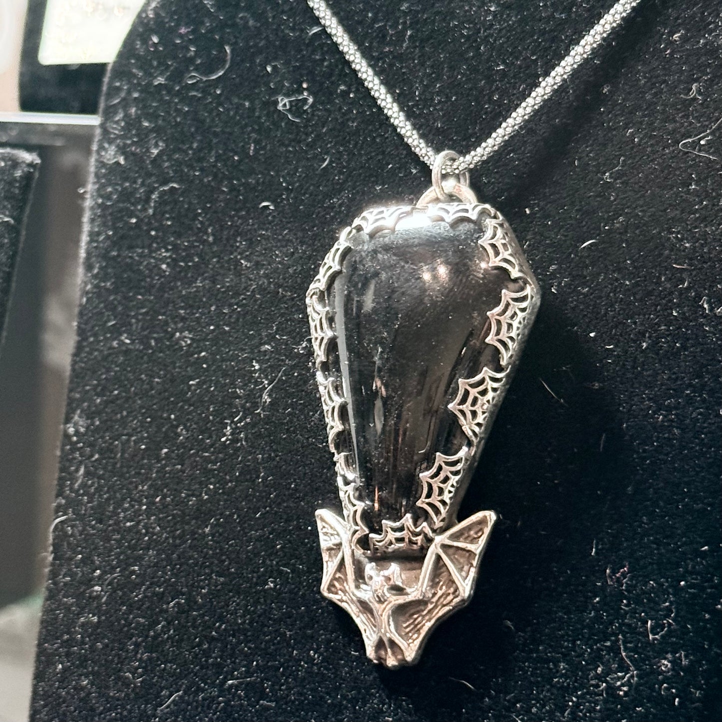 Gothic Victorian Obsidian Coffin Sterling Bat Necklace