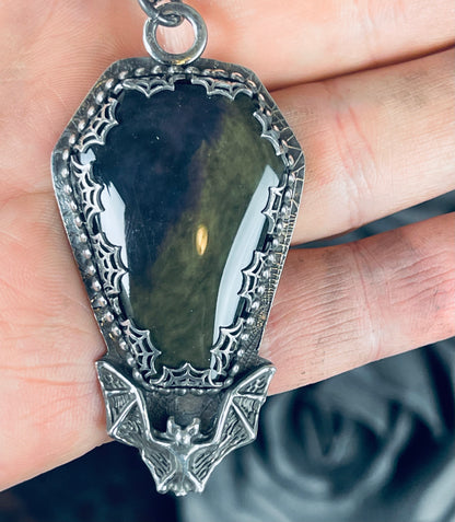 Gothic Victorian Velvet Obsidian Coffin Sterling Bat Necklace