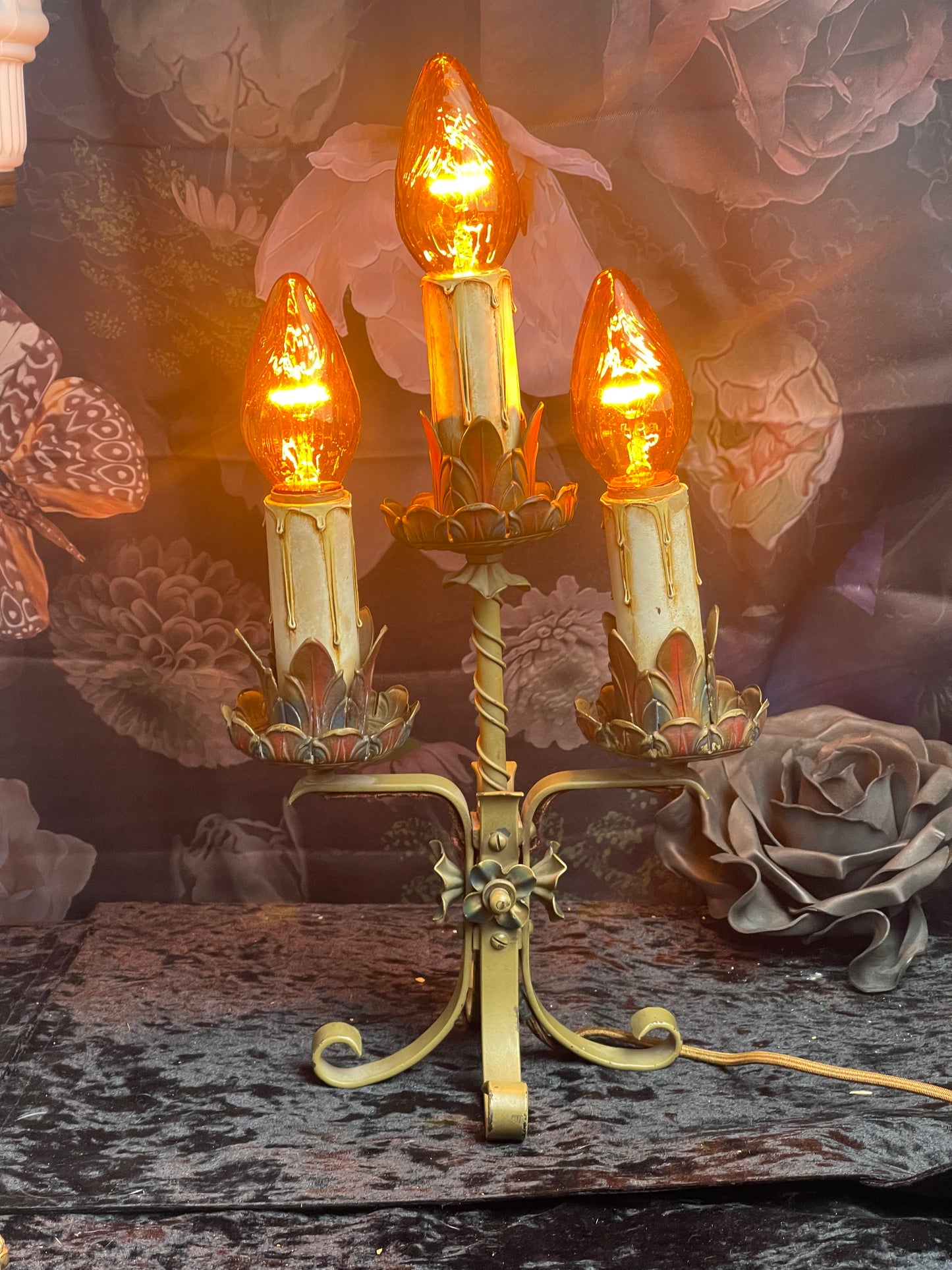 Early 1920’s Ornate Metal Triple Arm Candelabra Lamp