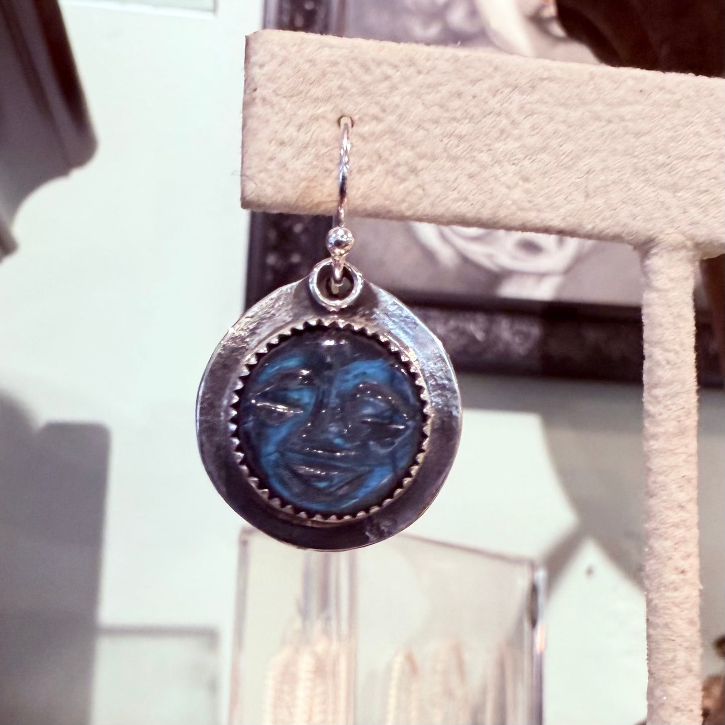 Sterling Labradorite Carved Moon Face Earrings