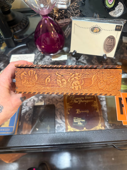 Antique Art Nouveau Woman & Flowers Pyrography Hinged Wooden Box