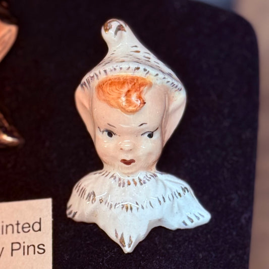 Antique Pixie Elf Hand Painted Porcelain Pin