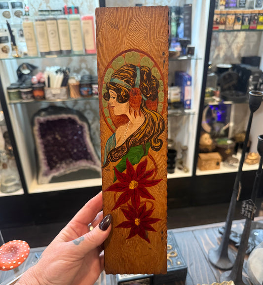 Antique Art Nouveau Woman & Red Flowers Hand Painted Pyrography Hinged Wooden Box