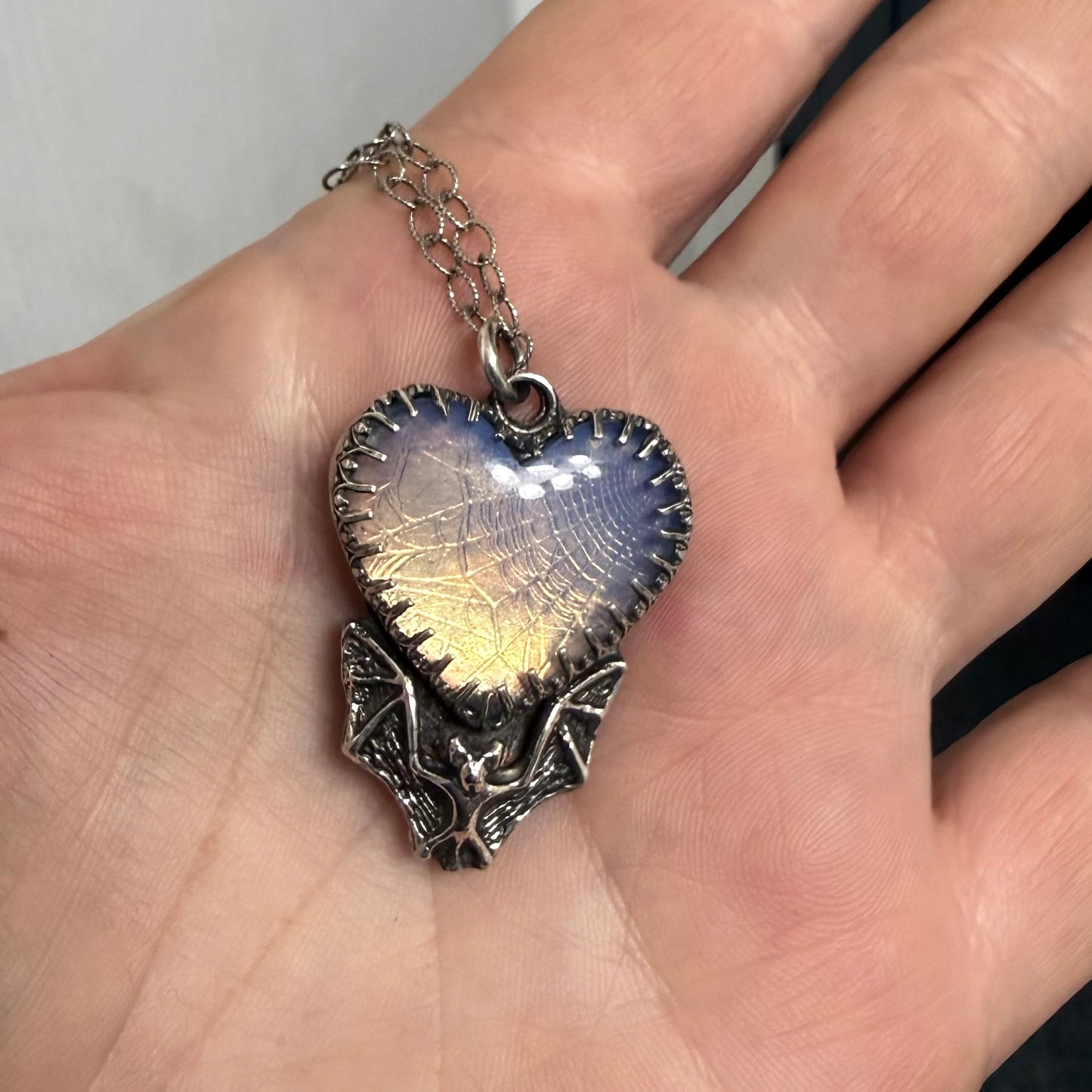 Opaline Spiderweb Heart Bat Handmade Sterling Necklace