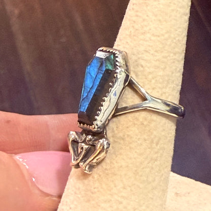 Gothic Art Nouveau Sterling Labradorite Coffin Ring