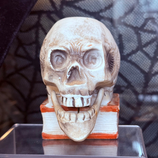 Antique 1930’s Bisque Skull on Book Nodder Candleholder