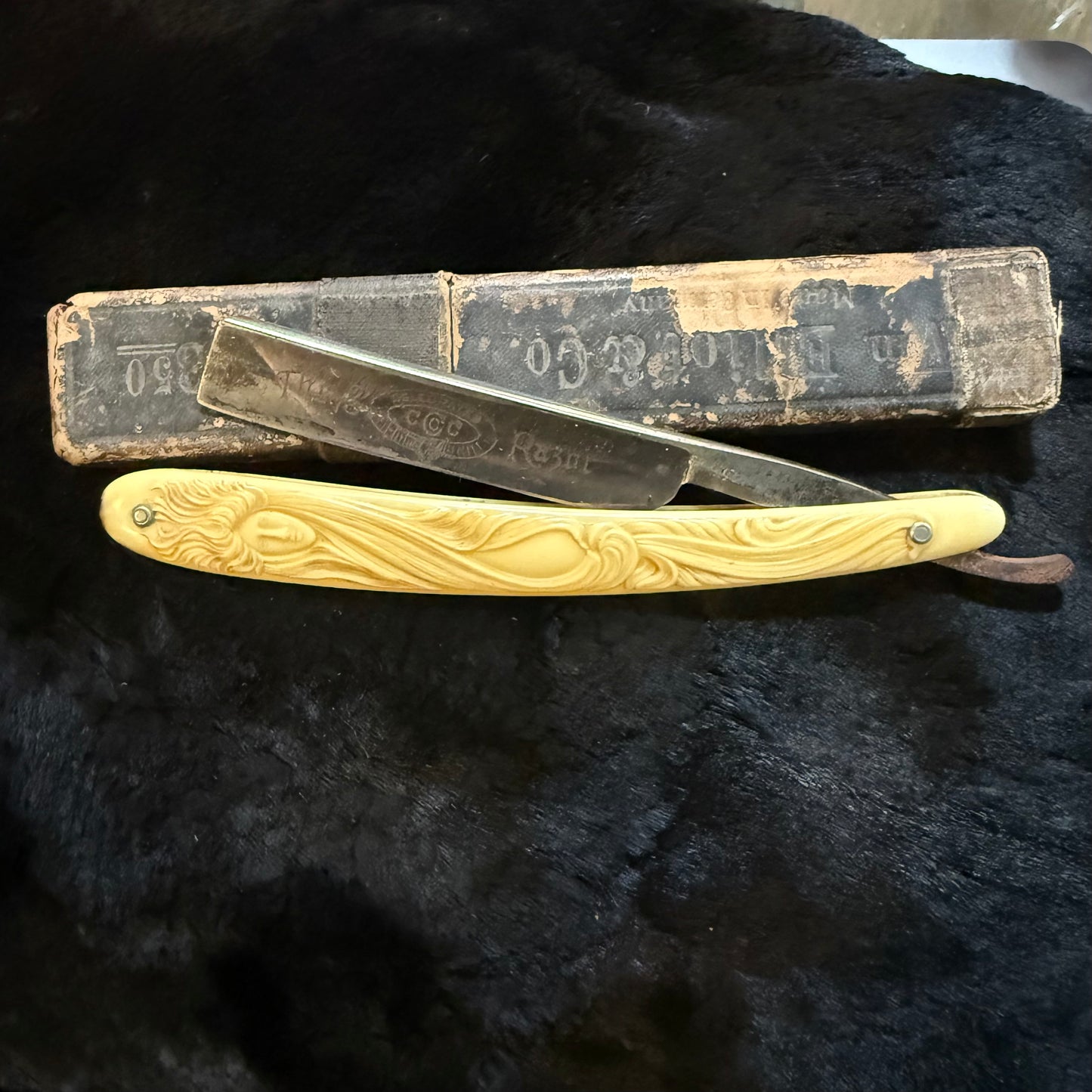 Antique Art Nouveau Woman Face Celluloid Razor With Box