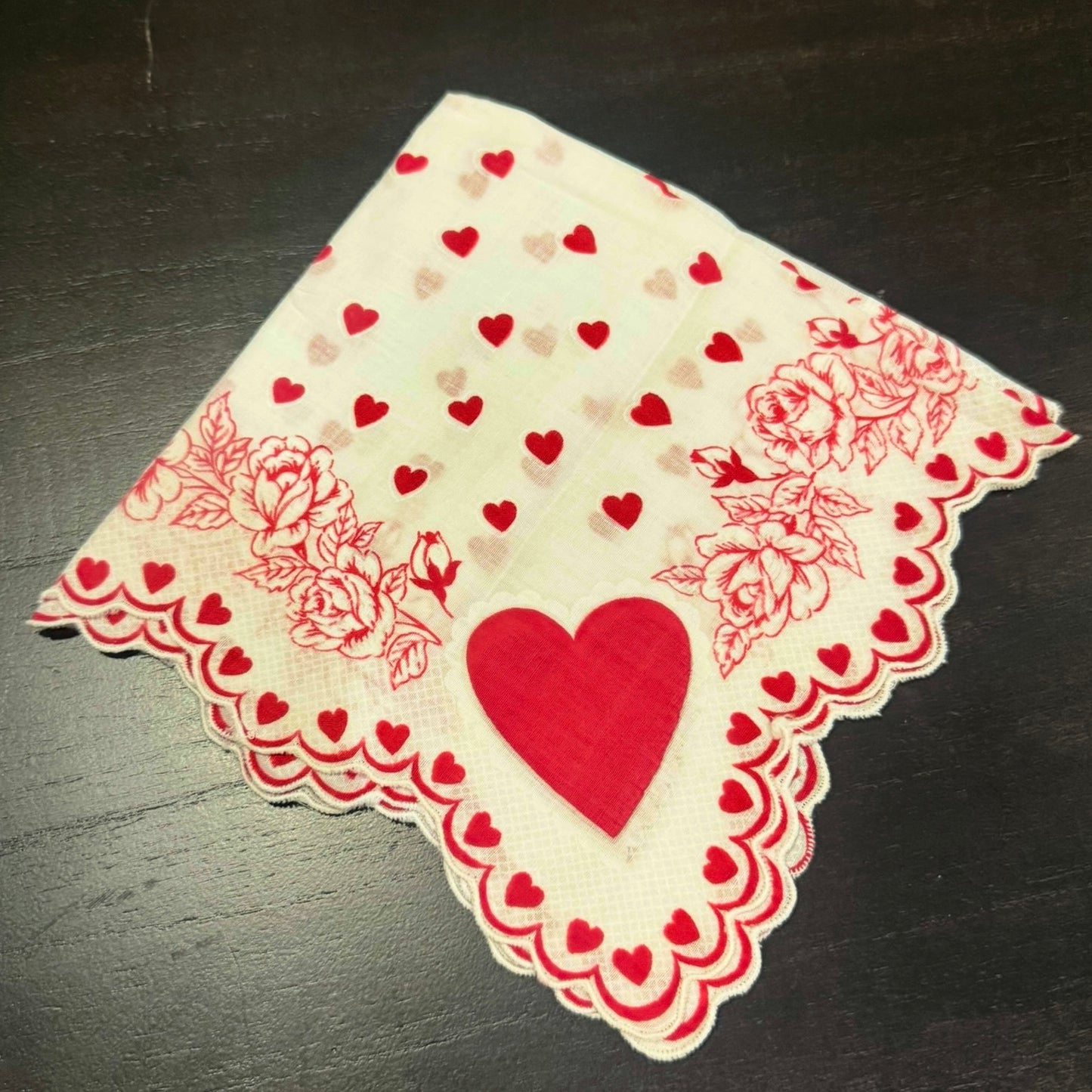 Antique Valentine Hearts Handkerchief Scalloped
