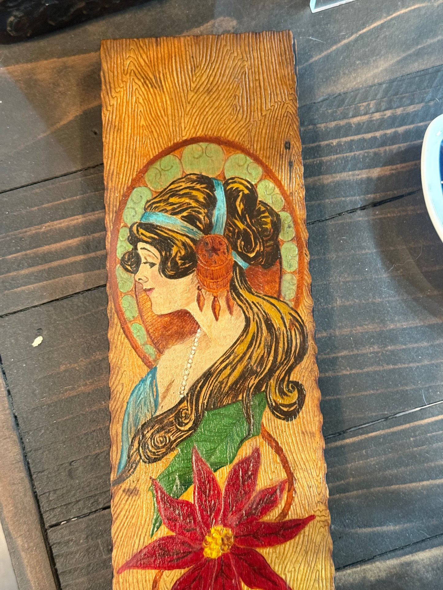 Antique Art Nouveau Woman & Red Flowers Hand Painted Pyrography Hinged Wooden Box