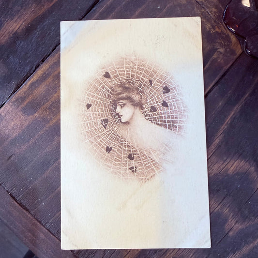 Antique 1910 Art Nouveau Spiderweb Woman Postcard