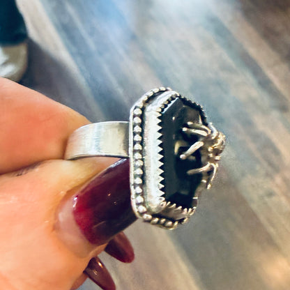 Sterling Spiderweb & Spider Onyx Coffin Ring Spider Handmade Size 7 1/2