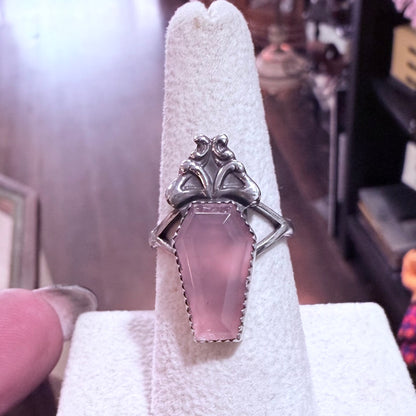 Gothic Art Nouveau Sterling Rose Quartz Coffin Ring